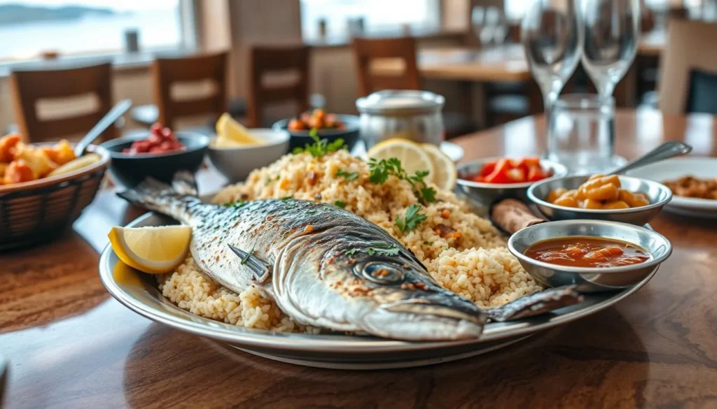 Traditional Jordanian seafood platter featuring Sayadia, a local Aqaba specialty and one of the best things to do in Aqaba Jordan is trying the local cuisine