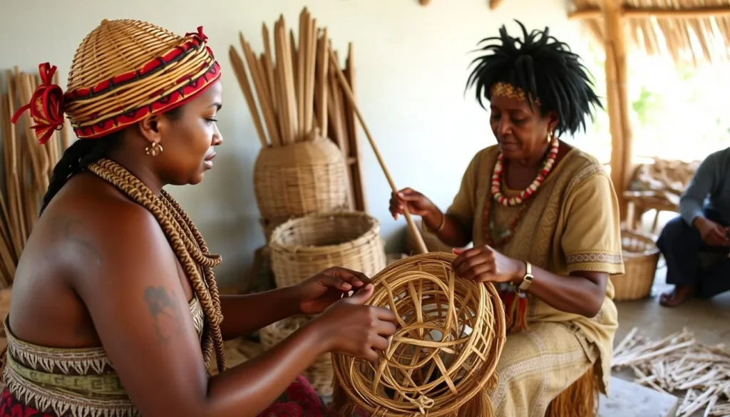 Traditional Kalinago cultural demonstration in Dominica showing basket weaving techniques