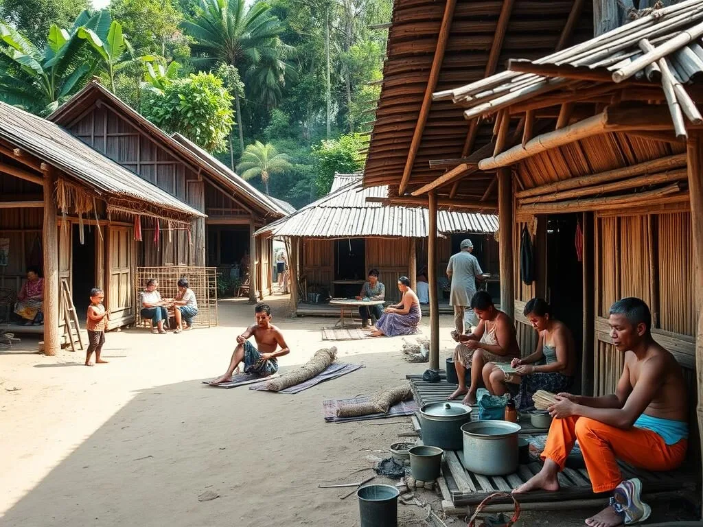 Traditional Katang village with wooden houses and people engaged in daily activities