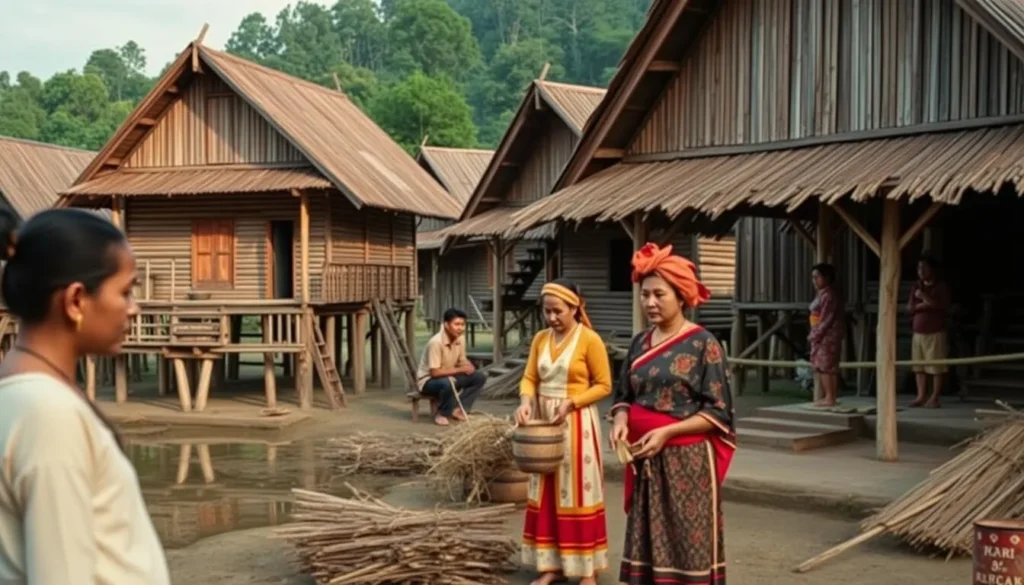 Traditional Kerinci village with wooden houses and cultural activities