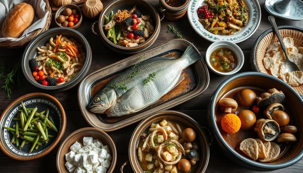 Traditional Komi cuisine with fish dishes and forest berries