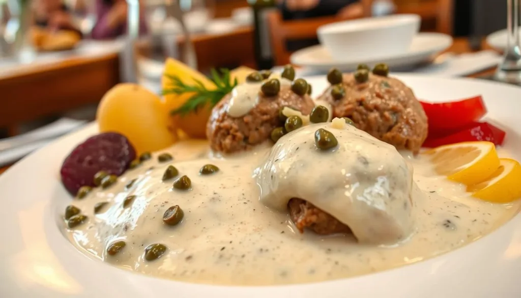 Traditional Königsberger Klopse (meatballs in white sauce) with capers and potatoes Traditional Königsberger Klopse (meatballs in white sauce) with capers and potatoes