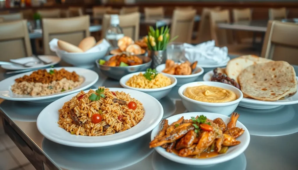 Traditional Kuwaiti dishes including machboos served in a restaurant in Ahmadi