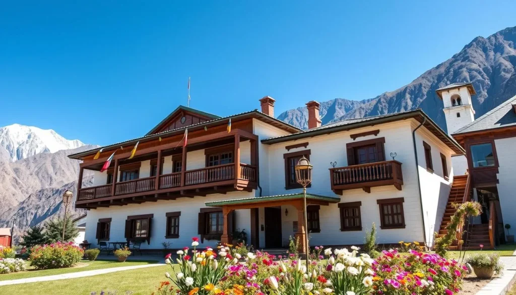 Traditional Ladakhi guesthouse with white-washed walls, colorful accents, prayer flags, and mountain views in the background