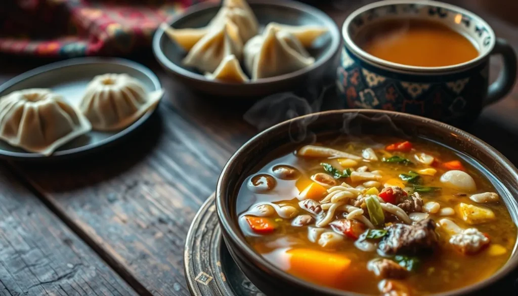 Traditional Ladakhi thukpa soup with noodles, vegetables, and meat in a rustic bowl with momos and butter tea on the side