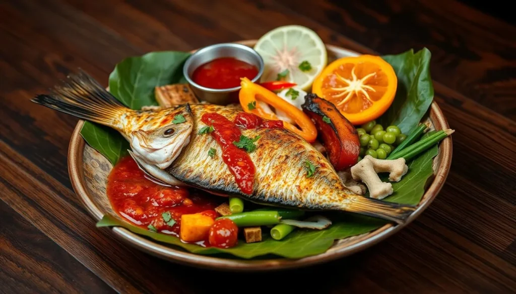 Traditional Lampung dish Seruit featuring grilled fish with sambal and vegetables