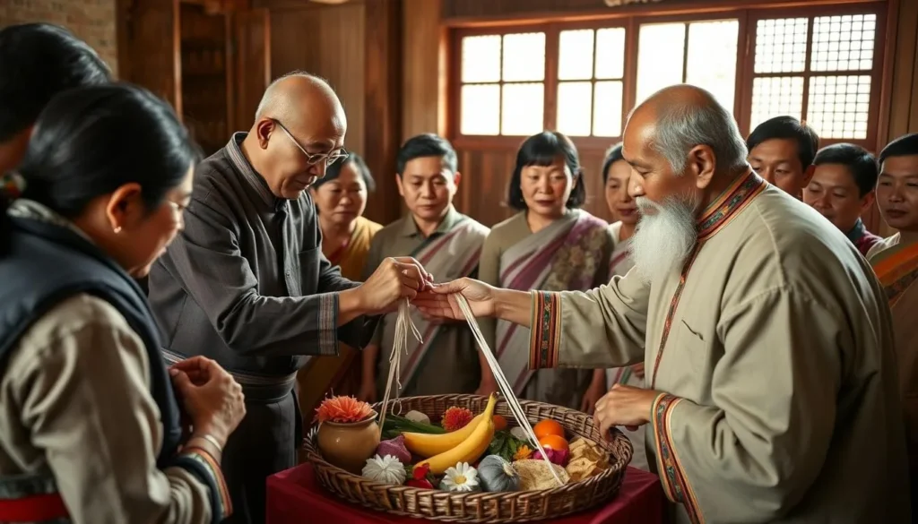 Traditional Lao baci ceremony with locals and visitors participating in string-tying ritual