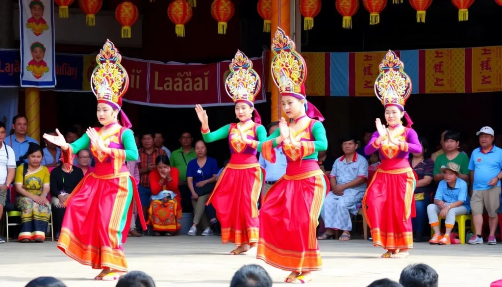Traditional Lao dancers performing during a festival in Savannakhet with colorful costumes