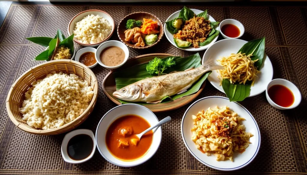 Traditional Lao dishes including sticky rice and laap served on a banana leaf, local cuisine in Luang Prabang, Laos