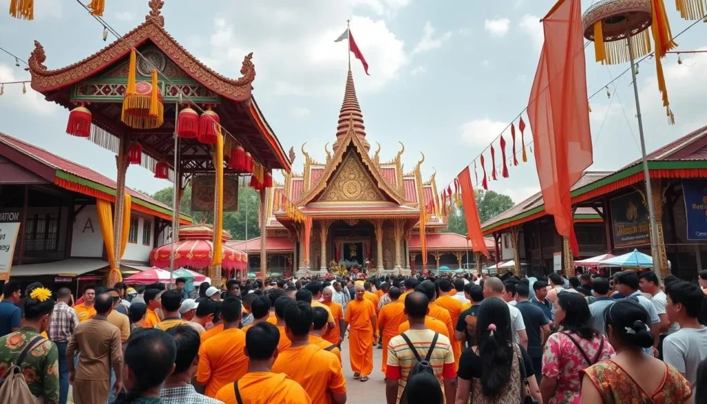 Traditional Lao festival at Wat Phu with colorful decorations and local performers