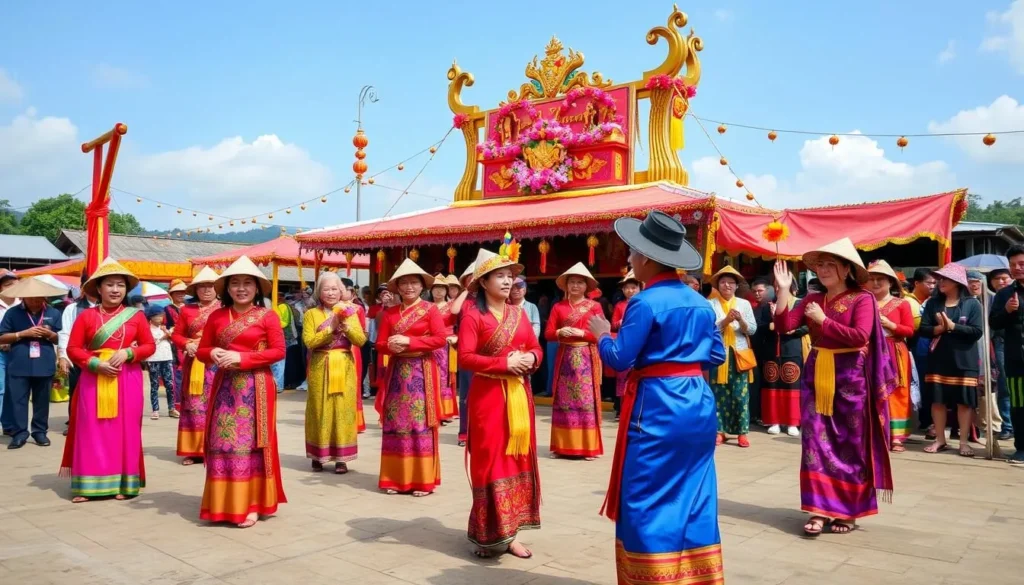 Traditional Lao festival celebration near Tha Ngon with locals in traditional dress