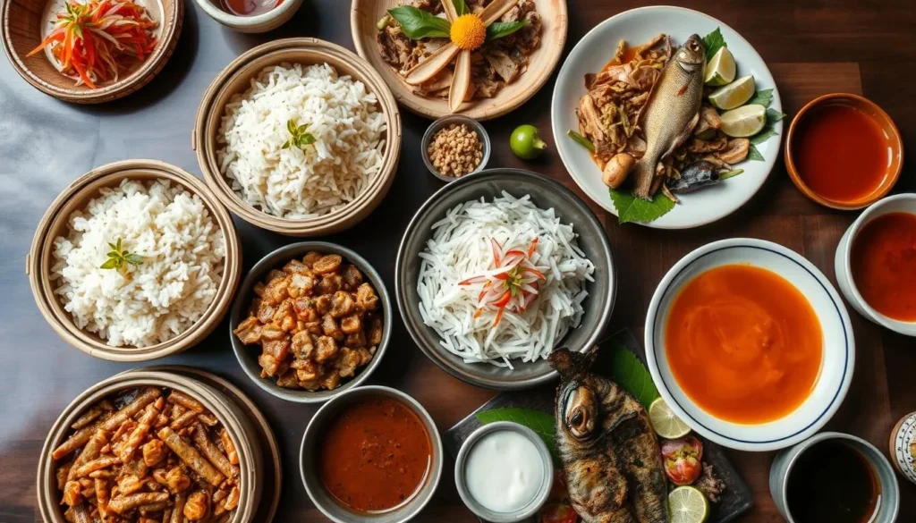 Traditional Lao food including sticky rice, larb, and papaya salad