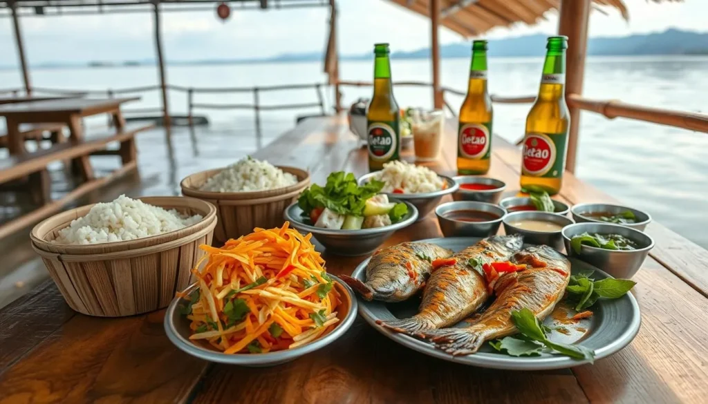 Traditional Lao food served on a floating restaurant at Tha Ngon Lake