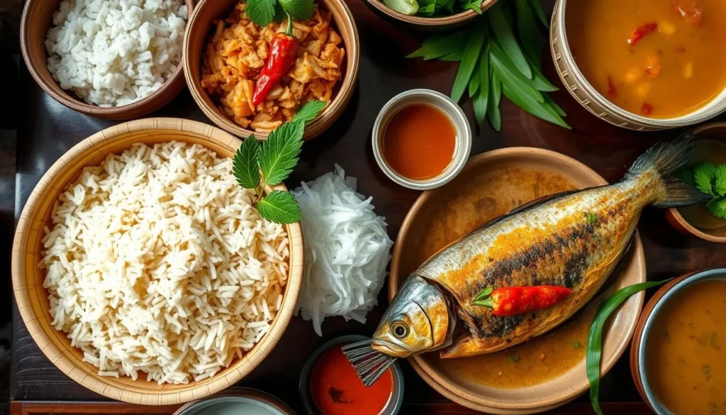 Traditional Lao food spread including sticky rice, laap, and fresh river fish dishes