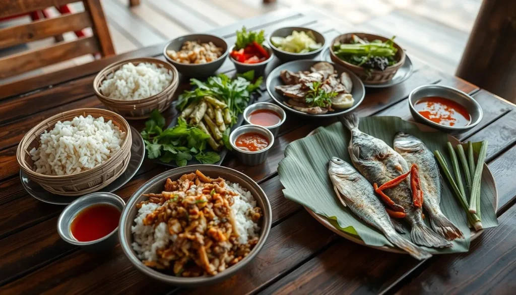 Traditional Lao food spread including sticky rice, laap, and river fish on banana leaves