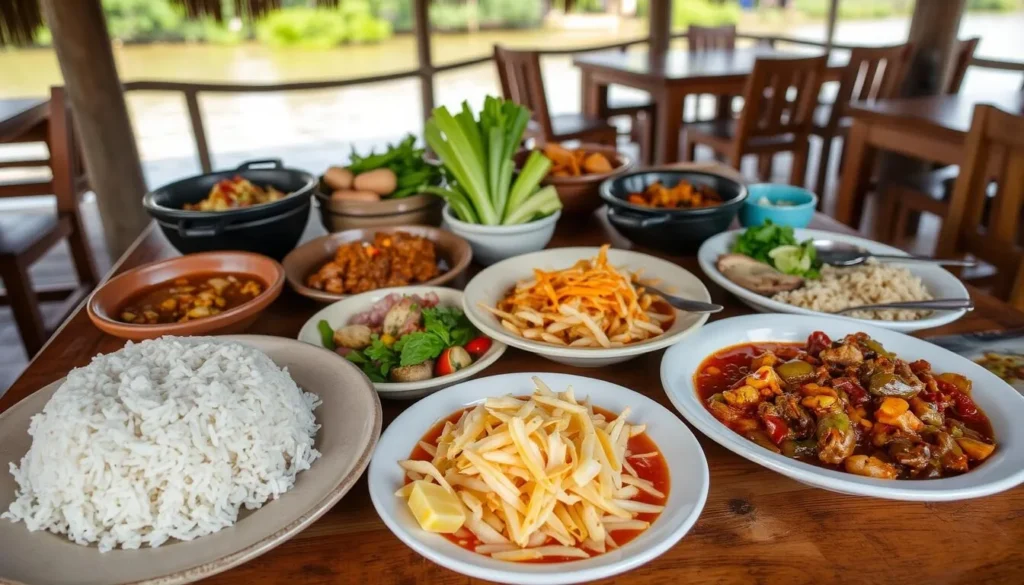 Traditional Lao food spread including sticky rice, larb, and tam mak hoong (papaya salad) at a riverside restaurant in Pakse