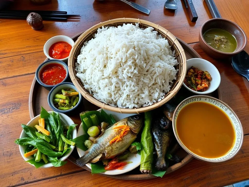 Traditional Lao food spread with sticky rice and local dishes from Nam Ha region