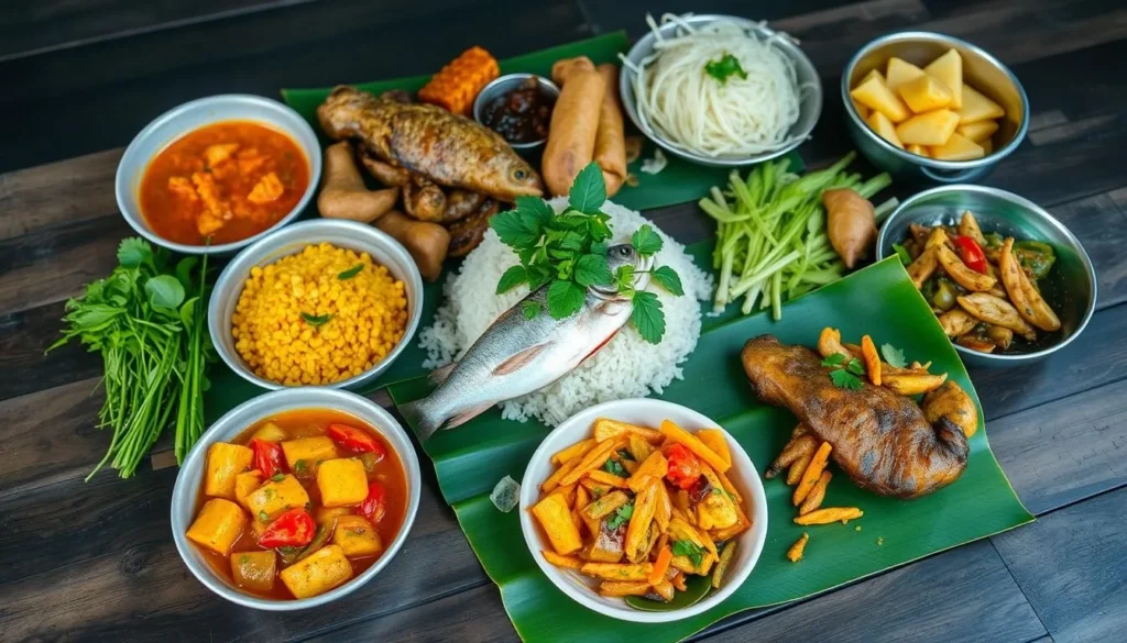Traditional Lao food spread with sticky rice, fresh herbs, and local dishes