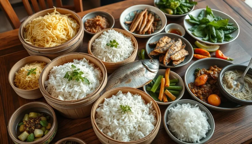 Traditional Lao food spread with sticky rice, fresh herbs, and local mountain dishes