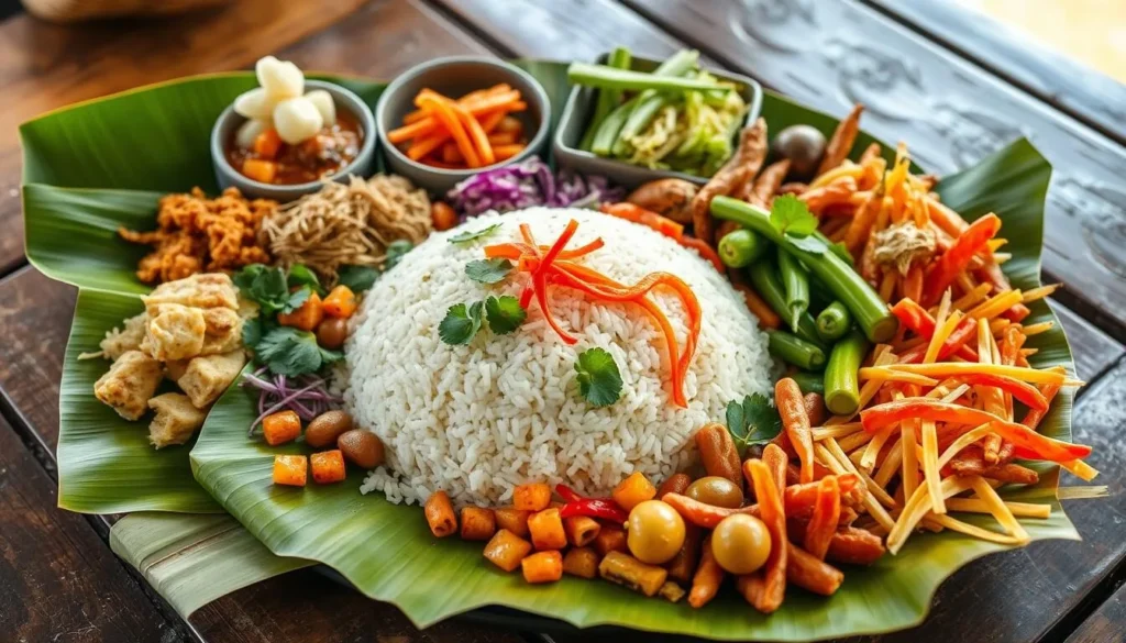 Traditional Lao food spread with sticky rice, local herbs, and mountain vegetables from Phou Luang region