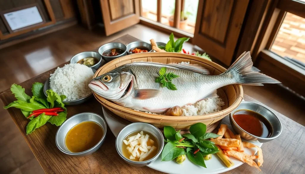 Traditional Lao meal featuring freshly caught fish from Nam Theun 2 Reservoir, sticky rice, and local vegetables