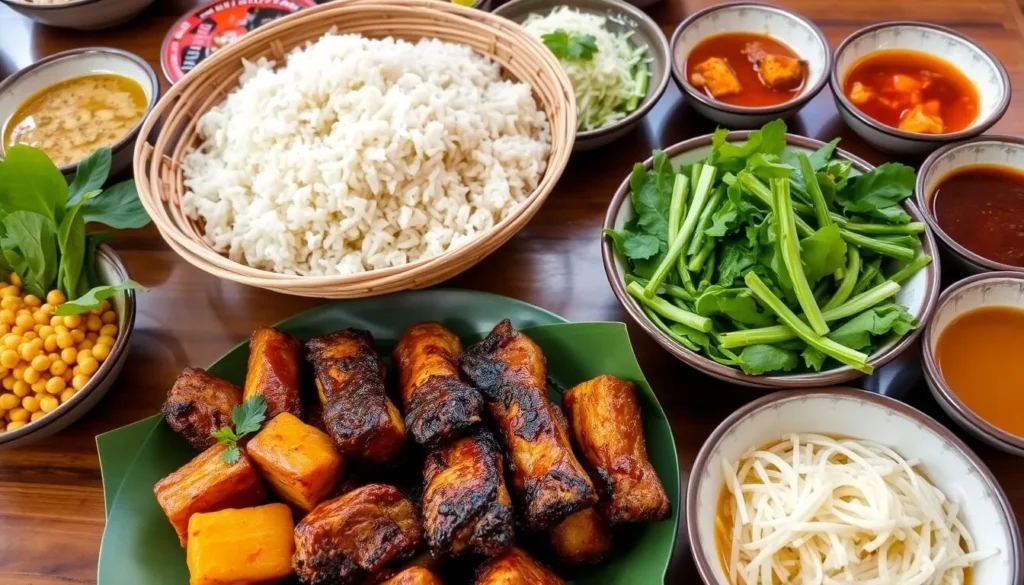 Traditional Lao meal served in Xiangkhoang featuring sticky rice, grilled meats, fresh herbs, and dipping sauces