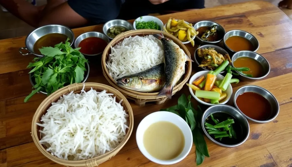 Traditional Lao meal with sticky rice and local dishes served in Ban Hatkhai village