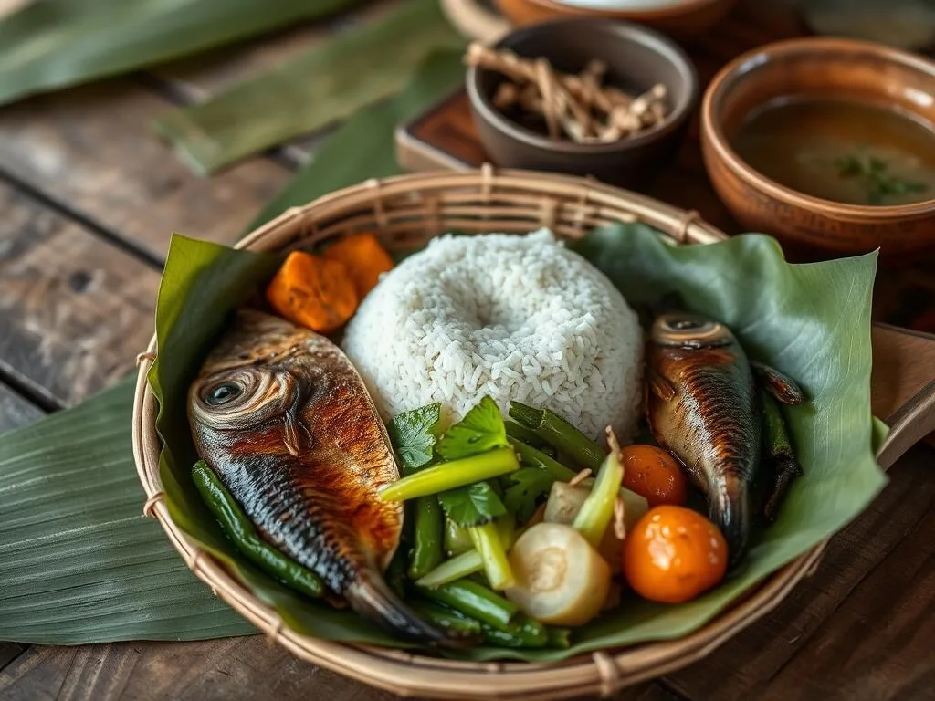 Traditional Lao meal with sticky rice, grilled fish, and forest vegetables