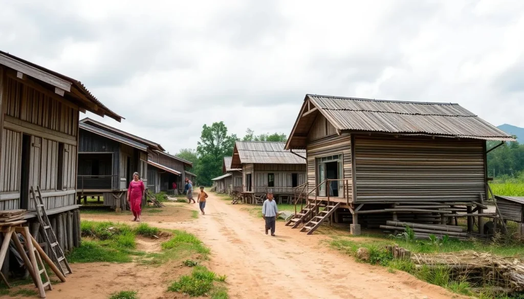 Traditional Lao village near Dong Hua Sao with wooden houses on stilts