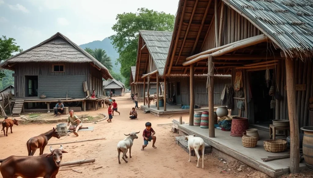 Traditional Lao village near Xe Pian National Protected Area showing local architecture and daily life