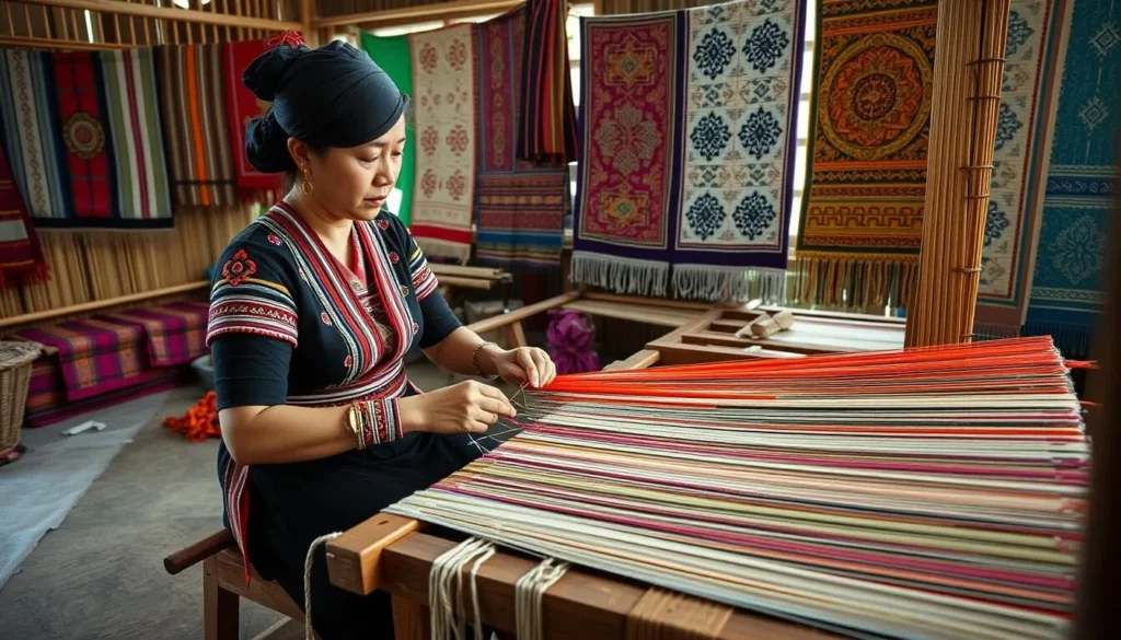 Traditional Lao weaving demonstration with colorful textiles