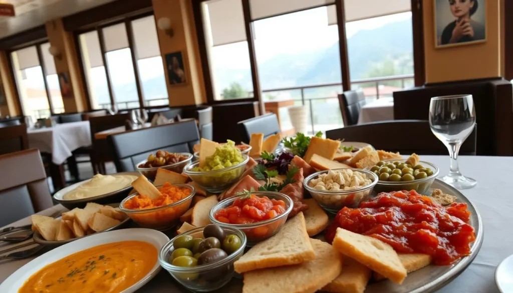 Traditional Lebanese mezze spread at a restaurant in Aley with mountain views