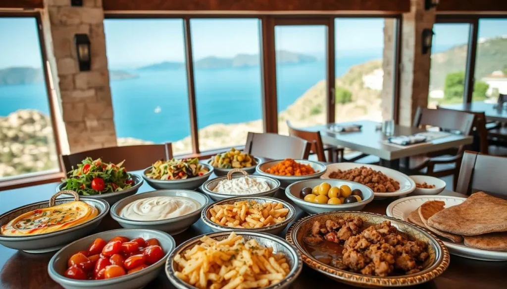 Traditional Lebanese mezze spread at a restaurant in Harissa with mountain views