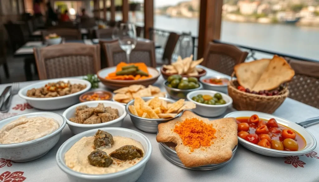 Traditional Lebanese mezze spread at a riverside restaurant in Zahle with multiple colorful dishes