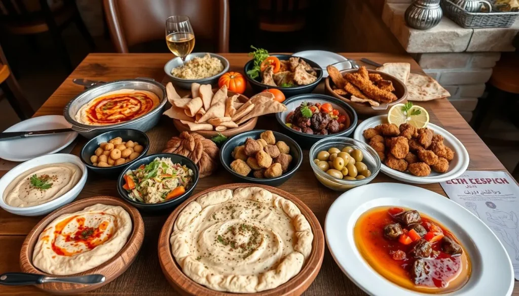 Traditional Lebanese mezze spread in a Sidon restaurant