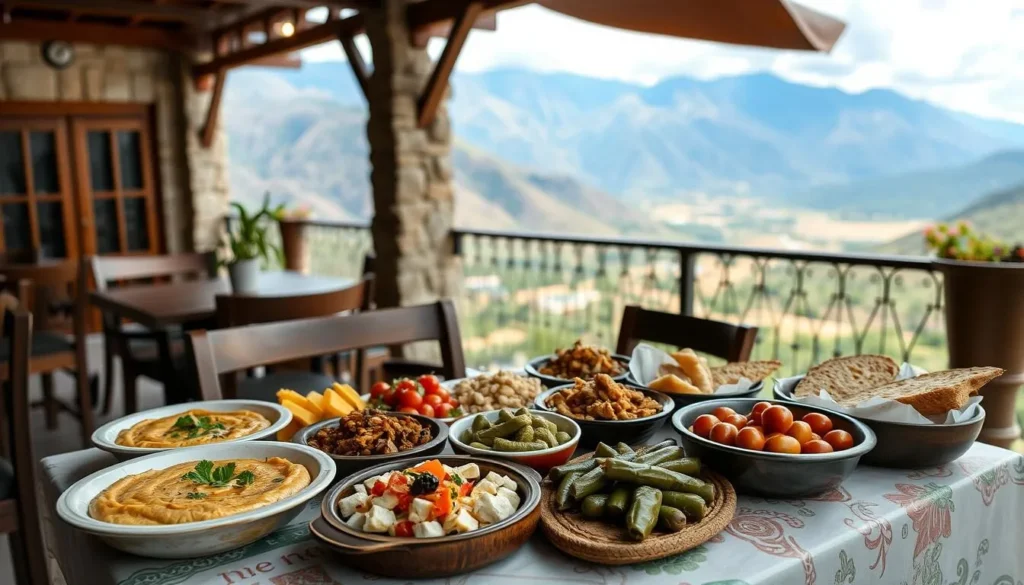 Traditional Lebanese mezze spread with mountain views from a restaurant terrace near Qadisha Valley Traditional Lebanese mezze spread with mountain views from a restaurant terrace near Qadisha Valley