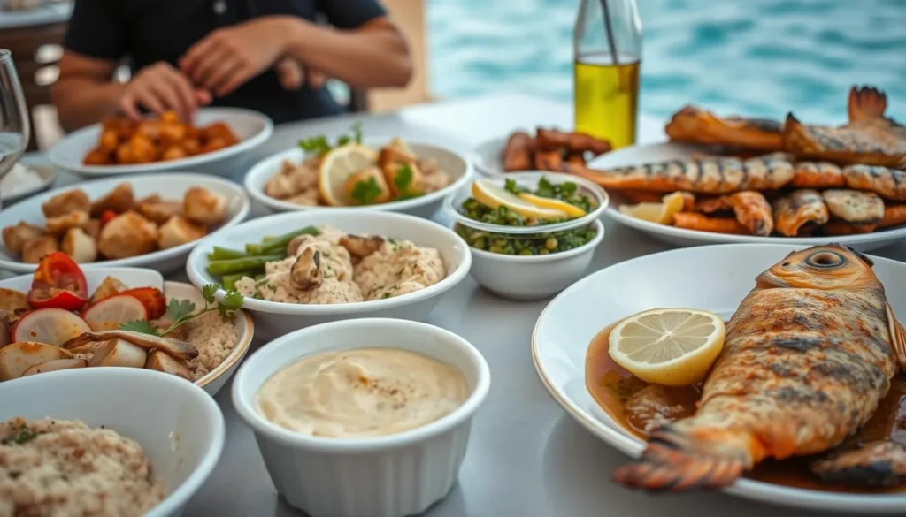 Traditional Lebanese mezze spread with seafood dishes at a Batroun restaurant with sea view