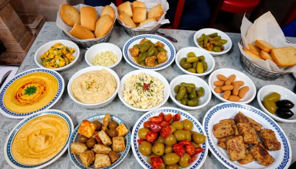 Traditional Lebanese mezze spread with various dishes at a restaurant in Baalbek