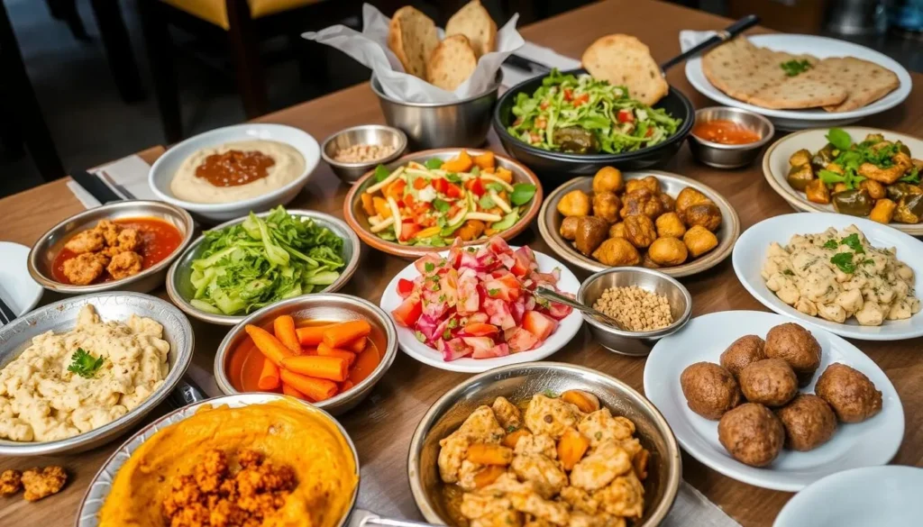 Traditional Lebanese mezze spread with various dishes, hummus, tabbouleh, and fresh bread