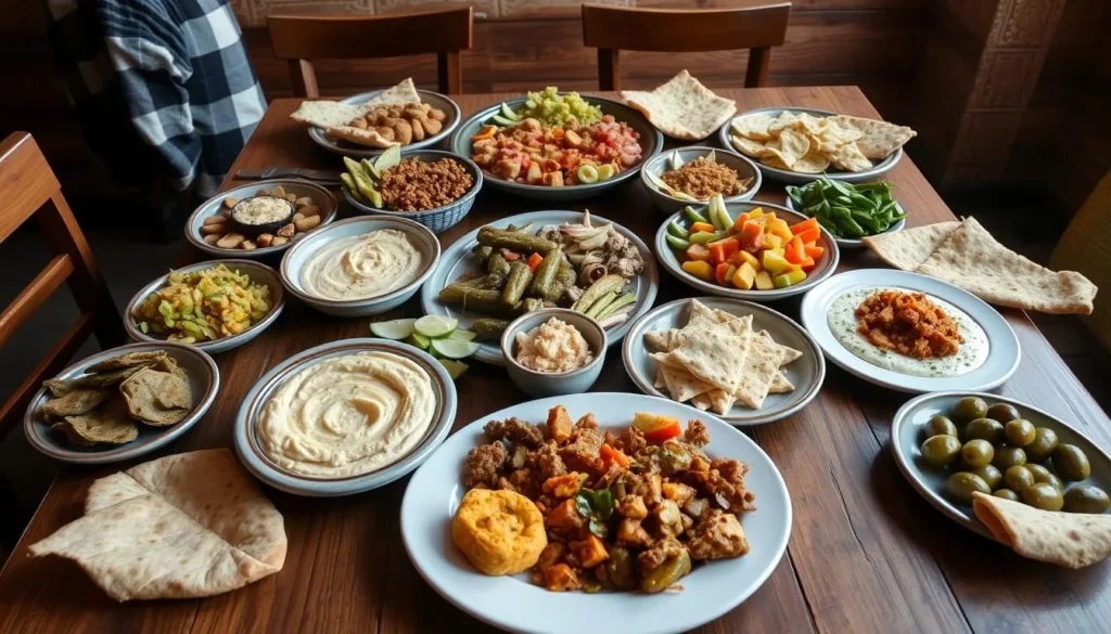 Traditional Lebanese mezze spread with various dishes in a restaurant in Bcharri