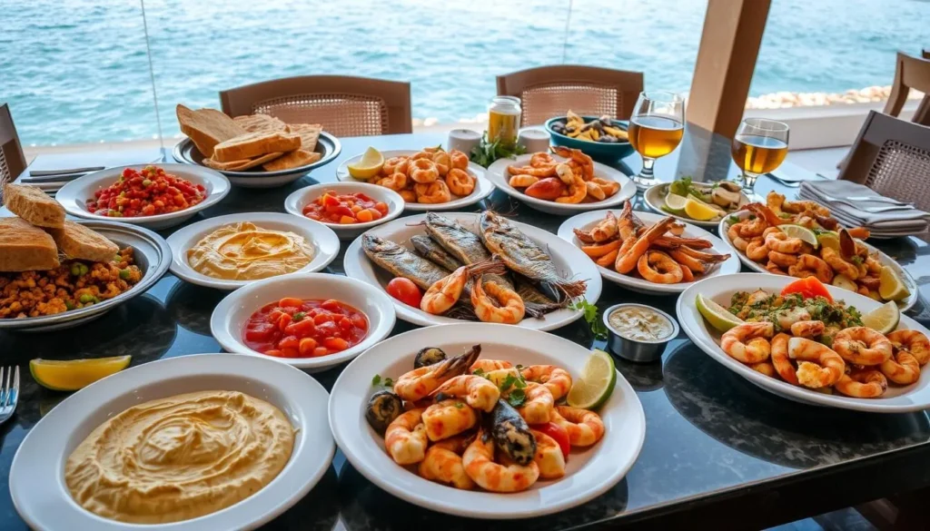 Traditional Lebanese seafood mezze spread at a restaurant in Chekka, Lebanon