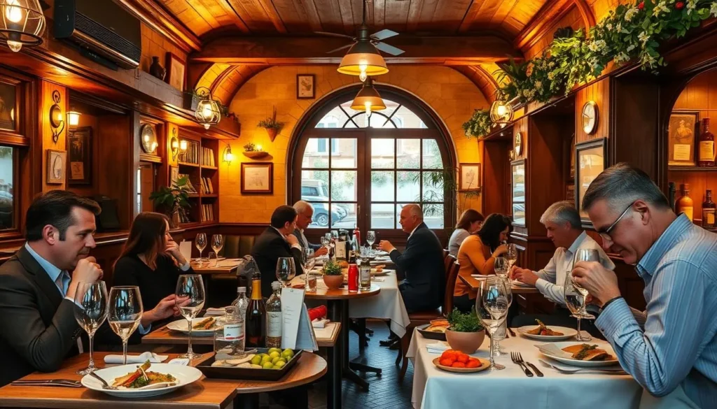 Traditional Lyonnais bouchon restaurant with diners enjoying local specialties
