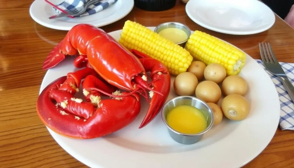 Traditional Maine lobster dinner with corn and potatoes near Camden Hills