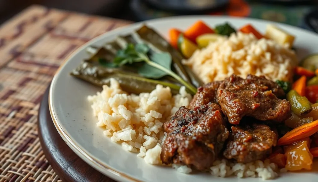 Traditional Malagasy cuisine featuring ravitoto and zebu meat in Antsirabe Madagascar Traditional Malagasy cuisine featuring ravitoto and zebu meat in Antsirabe Madagascar