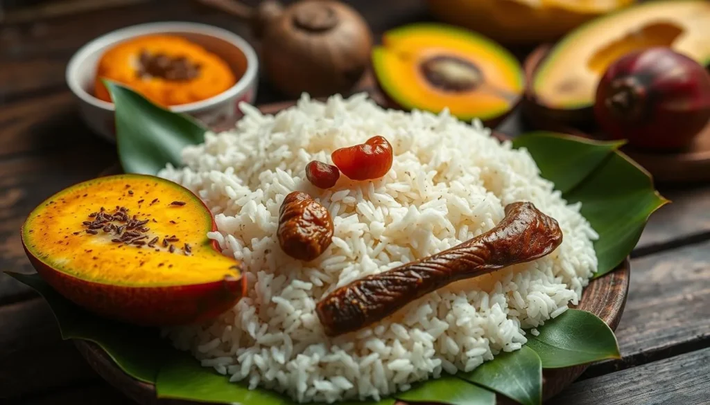 Traditional Malagasy cuisine featuring rice, zebu meat, and fresh tropical fruits from Ambanja Traditional Malagasy cuisine featuring rice, zebu meat, and fresh tropical fruits from Ambanja