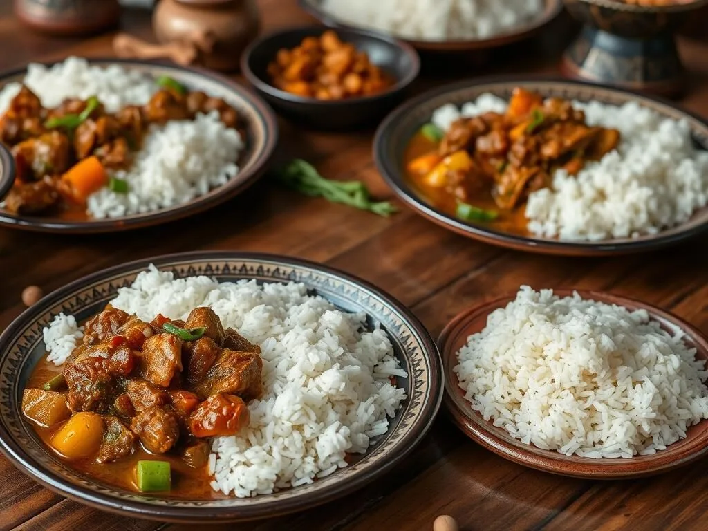 Traditional Malagasy cuisine featuring romazava and rice on a wooden table
