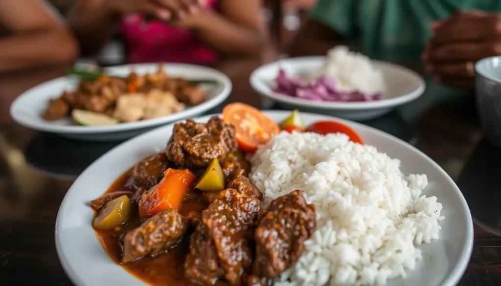 Traditional Malagasy cuisine served at a local restaurant in Brickaville featuring rice, zebu meat, and fresh vegetables