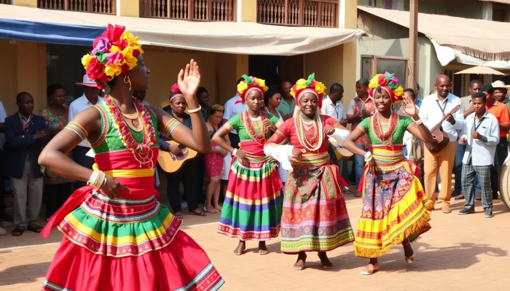 Traditional Malagasy cultural performance with dancers in colorful attire during a local festival