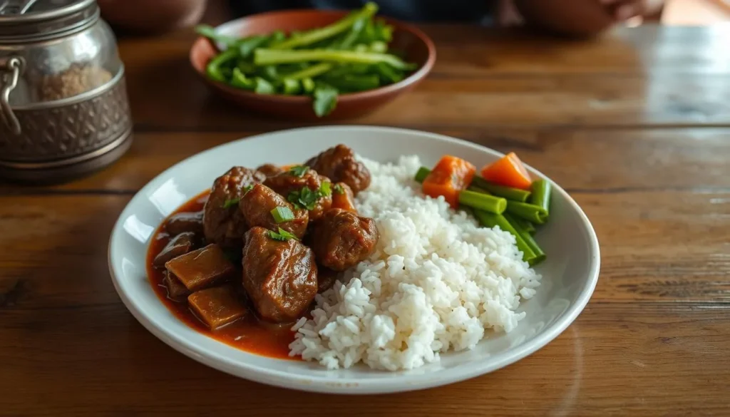 Traditional Malagasy food served at a local hotely (restaurant) in Imerintsiatosika