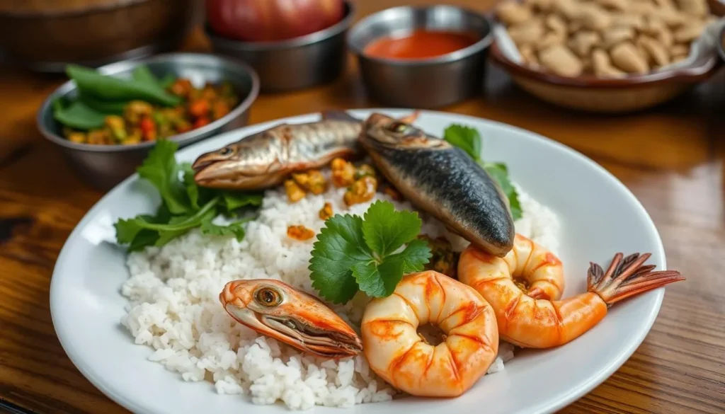 Traditional Malagasy food served in Vangaindrano showing rice, seafood, and local vegetables